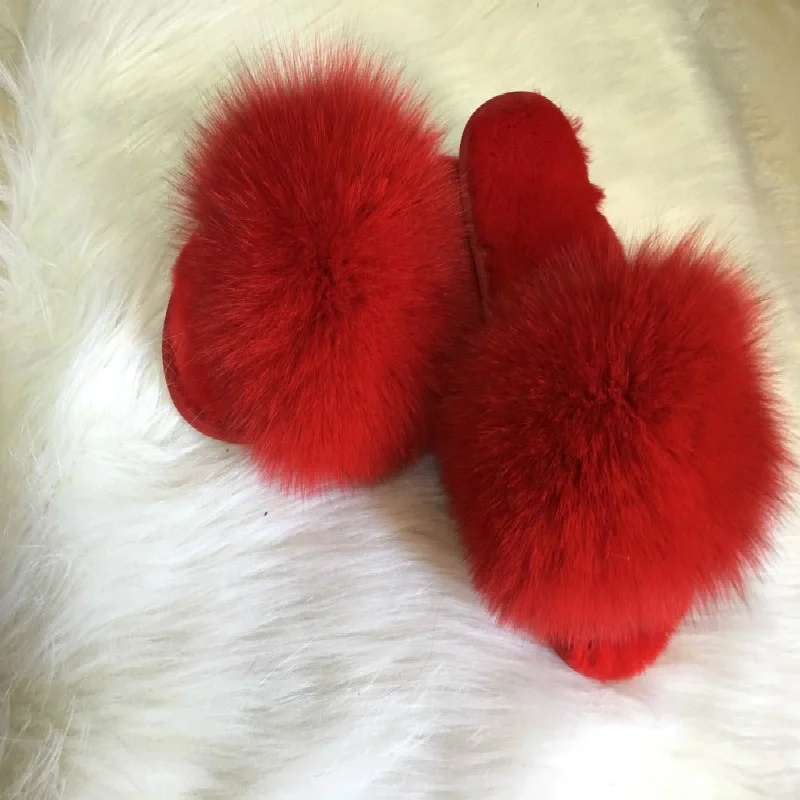 Sandals custom slides rabbit fur sole ,fox fur slippers big real fox fur slide sandals for women