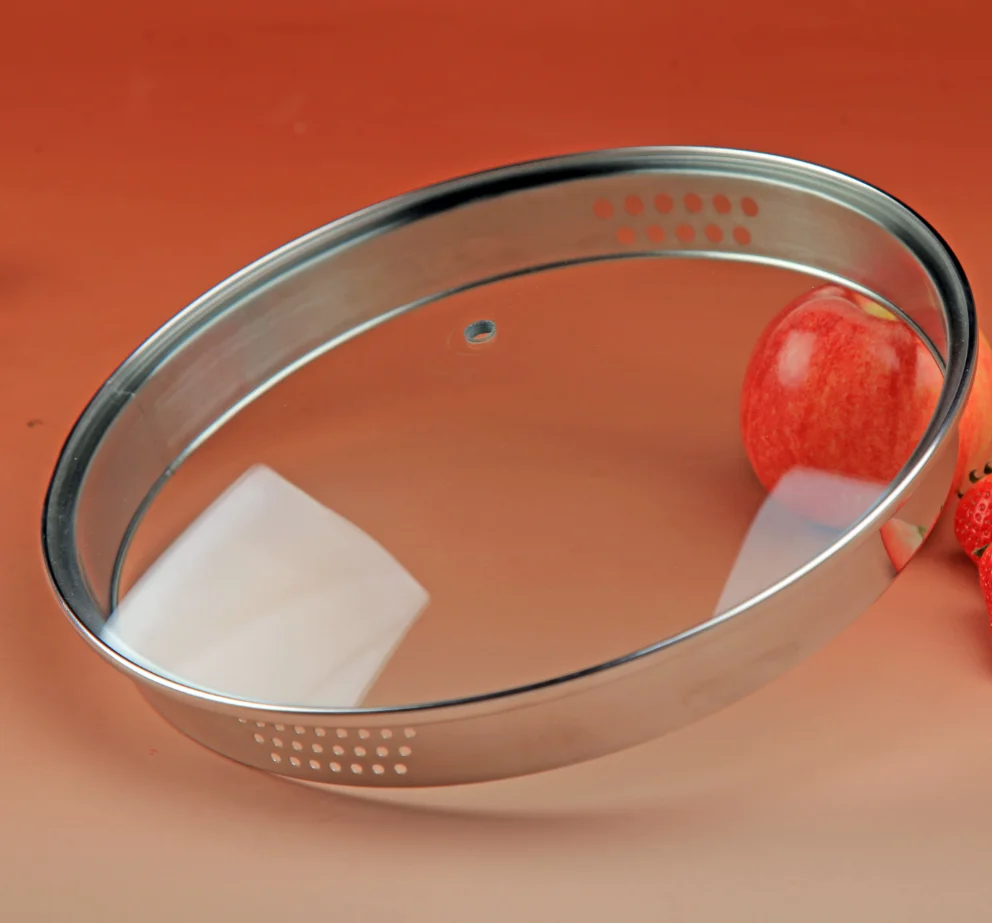 4mm glass 304ss rim L type tempered glass cover glass lid with handle and knob for cookware frying pan pot