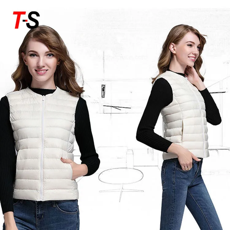 Custom waterproof stand collar short light down packable vest jacket for women