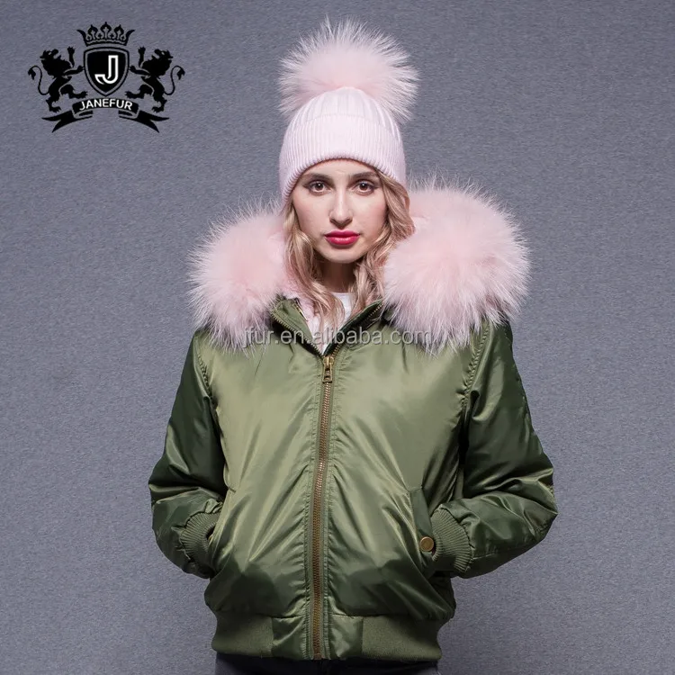 Hot sale new design celebrity raccoon fur parka thick warm winter  fur hooded bomber jacket womens