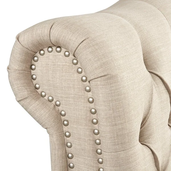 
deep buttoned sleigh headboard low foot end double size linene fabric upholstered bed 