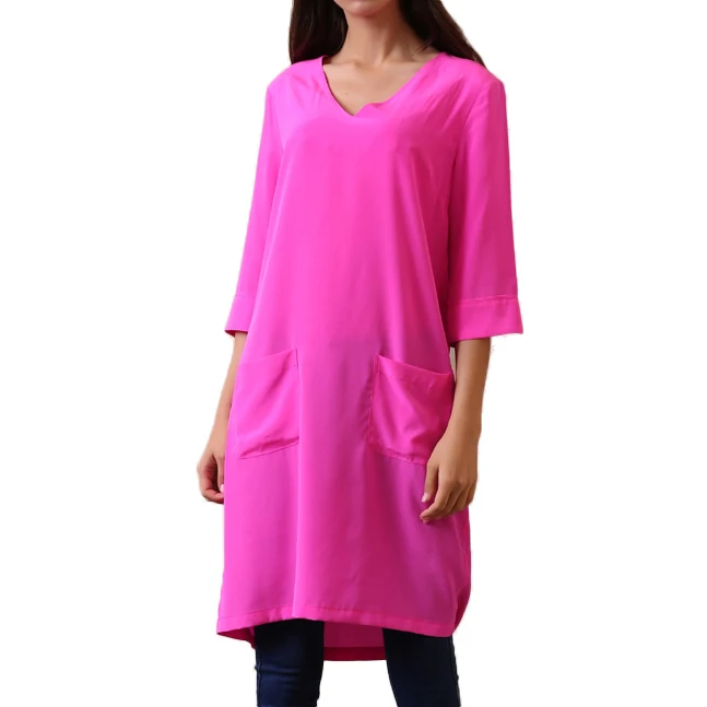 Sale Pure Silk Crepe Stone Washed Basic V Neck A Line Tunic Shirt Dress for female