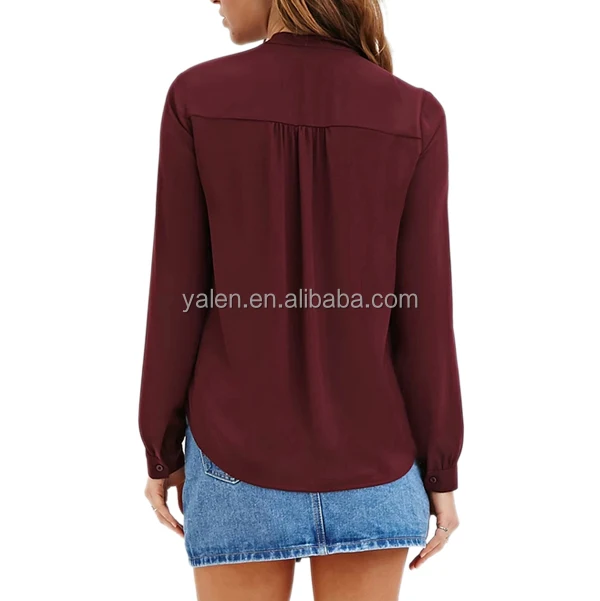 
Spring And Autumn Deep V Neck Tops With Tie Long Sleeve Blouse Designs Casual Fashion Women Plain Shirt 