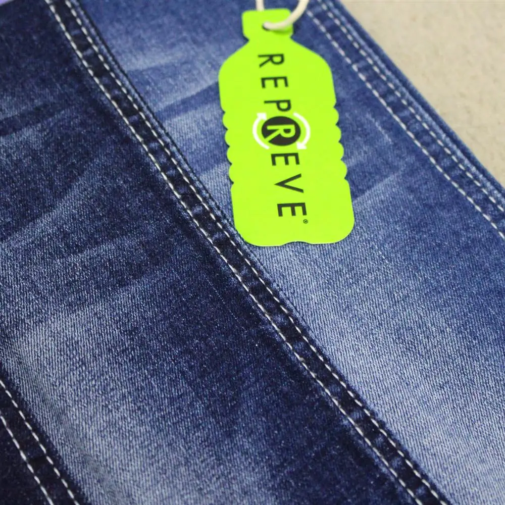 Repreve super soft denim fabric wholesale factory mill make from recycled plastic bottles with tag for women pants