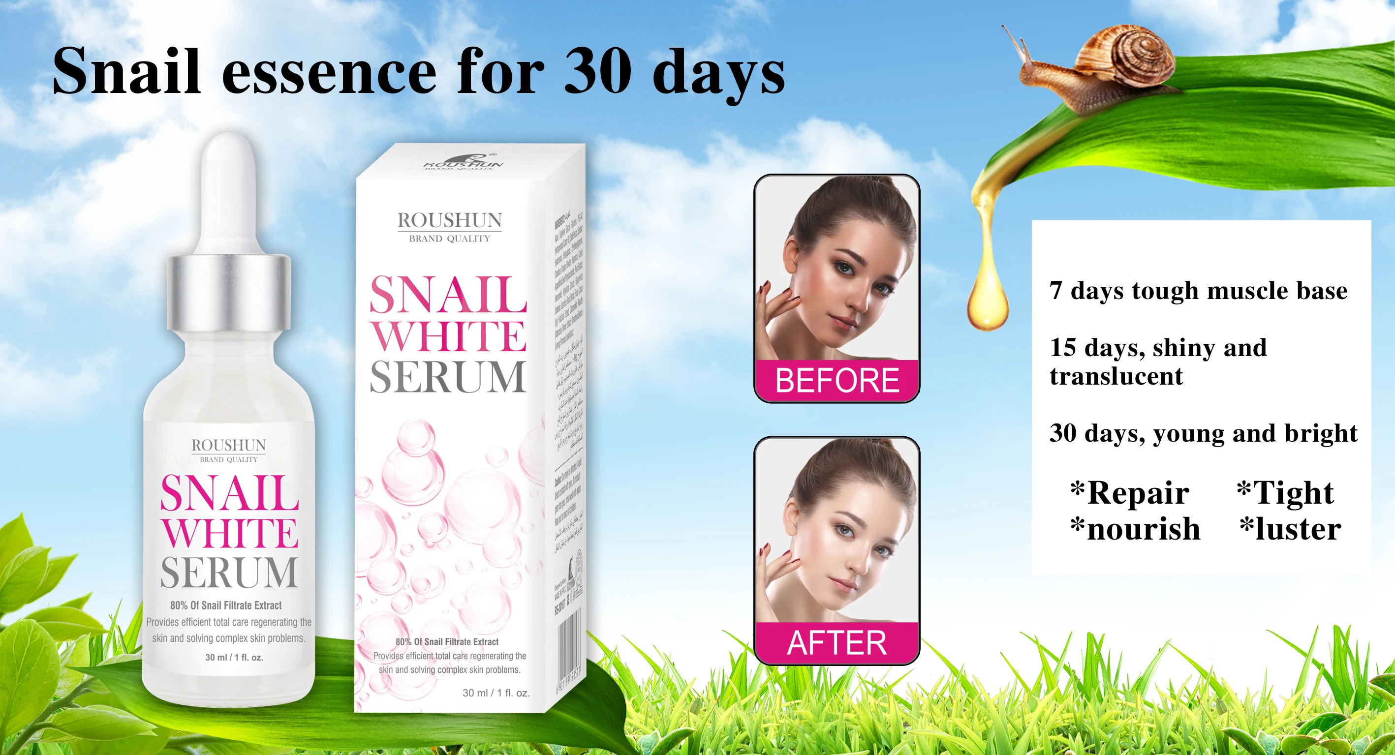 Roushun Snail Whitening Serum 80% O1 Filtrate Extract Face Facial Private Label Customizable Manufacturer