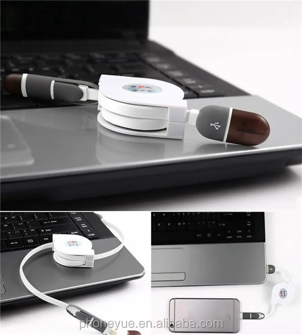 Бесплатный образец белого цвета retratable 2 в 1 usb кабель для передачи данных для iphone и для samsung