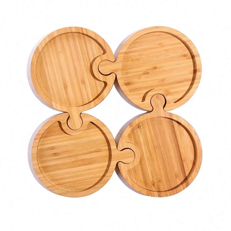 
New design Bamboo Party Food Serving Tray with Wine Glass Holder,sectional food tray Bamboo Curved Puzzle Platter 