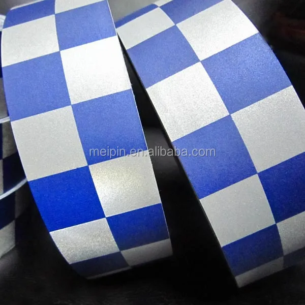 High Visibility Stitch Sew on Silver Blue Fabric Reflective Checkered Tape for clothing