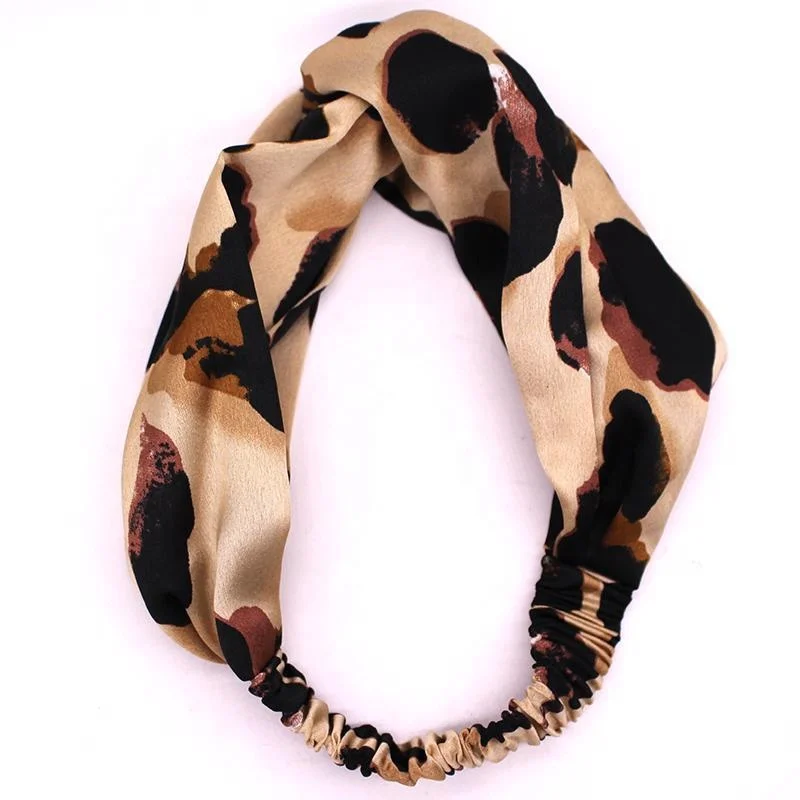 Women Turban Satin Silk Knotted Twist Leopard Printed Hair Band Wrap Elastic 1pc