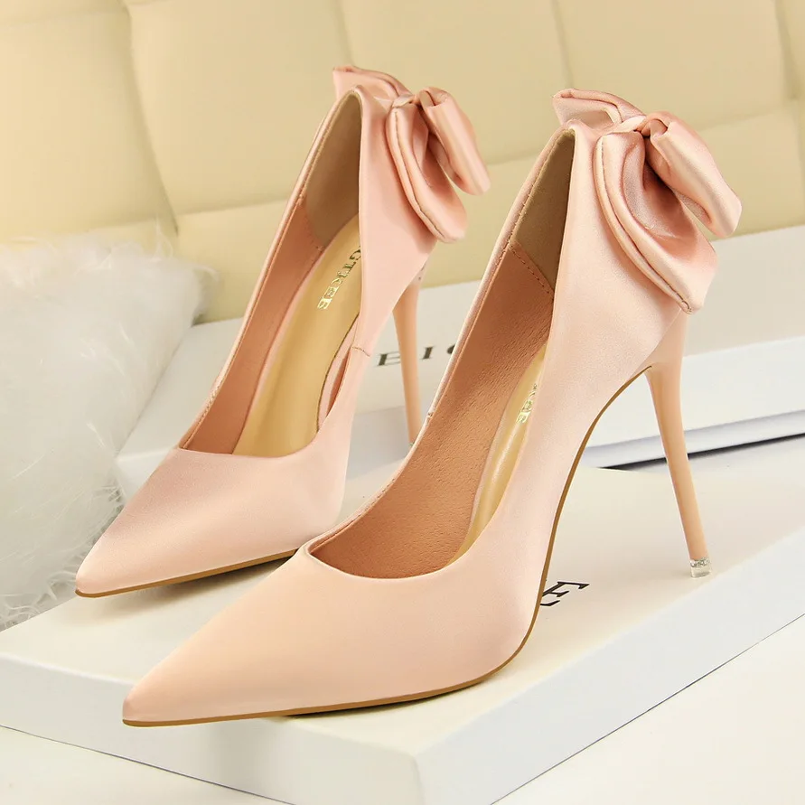 Korean fashion beautiful women dress stiletto slim thin satin back bow high heel shoes