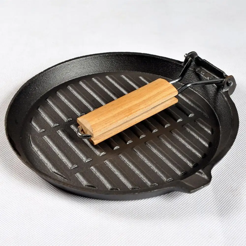 
High quality wholesale kitchenware casserole cast iron non stick grill pan/skillet/frying pan with wooden handle cookware set 