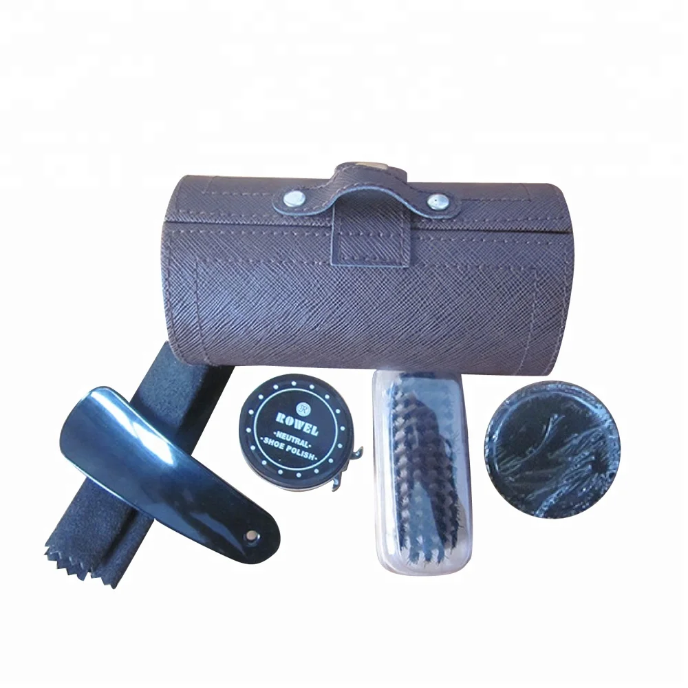 Factory Price Shoe Polish Cleaning Brushes Set Kit Shoe Care kit Brown Pu Leather Case Shoe Shine Kit