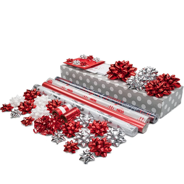 HOT SALE red silver design christmas gift printed wrapping tissue paper set with bows ribbons tags bag