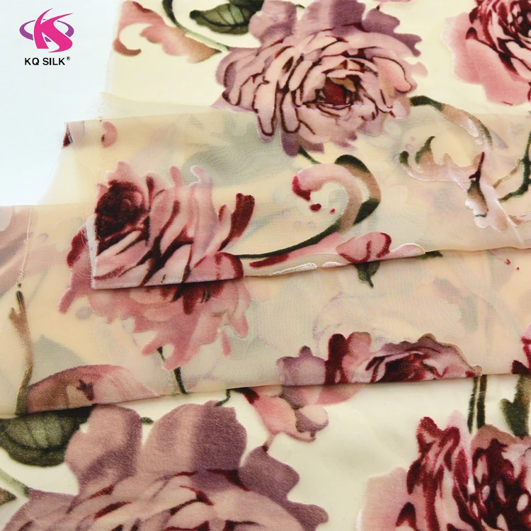 Flower Printed velvet fabric Nylon / Rayon burnout velvet fabric roll