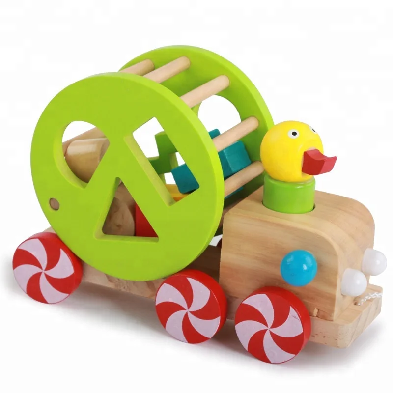 wholesale Children wooden Educational String duck pulling car toys with shape sort blocks toys for kids WPT008