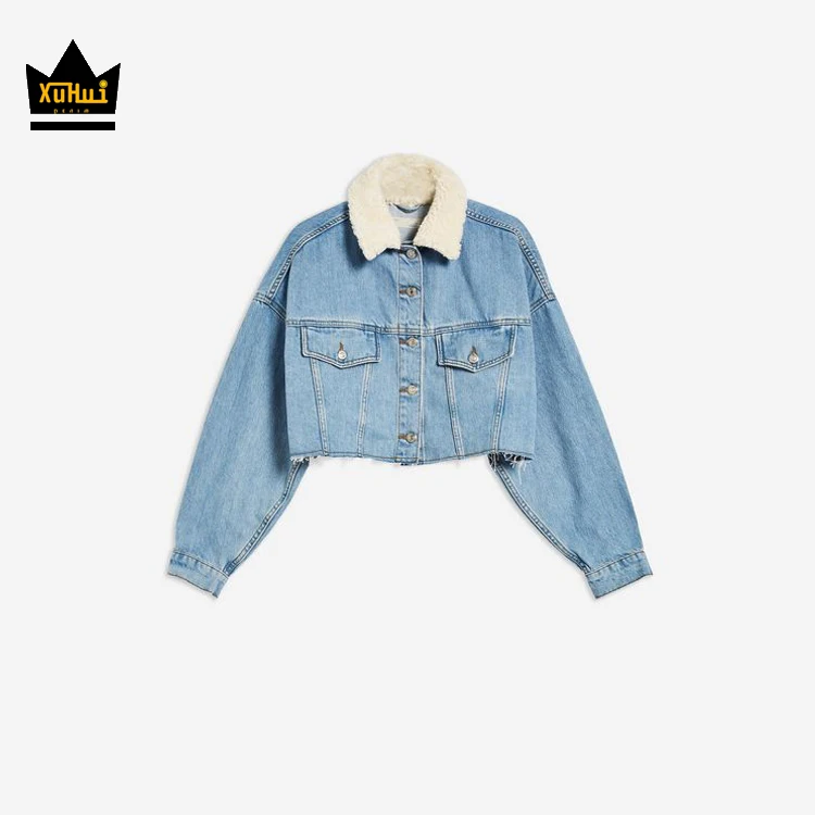 Best selling high quality jeans manufacture OEM borg fur denim jacket with fleece collar