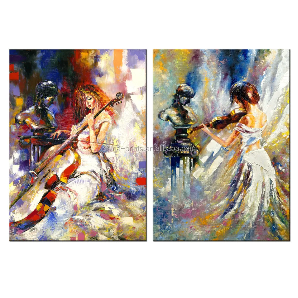 Abstract Canvas Painting The Girl Playing the Cello Canvas Prints Love Violin Music Oil Painting Printed on Canvas 2 Panels