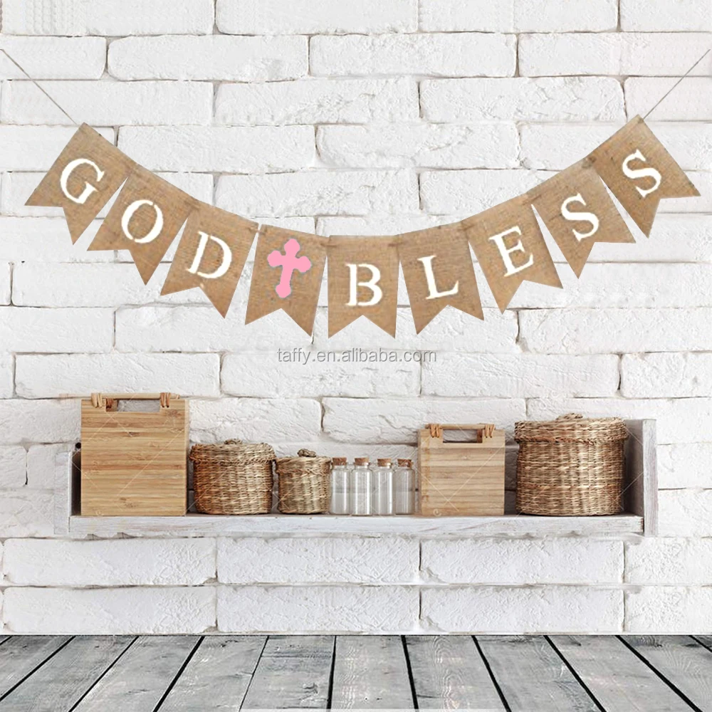 2017 new Communion Party Banner Baptism Christening Decoration burlap hessian God Bless Banner Bunting Blue pink