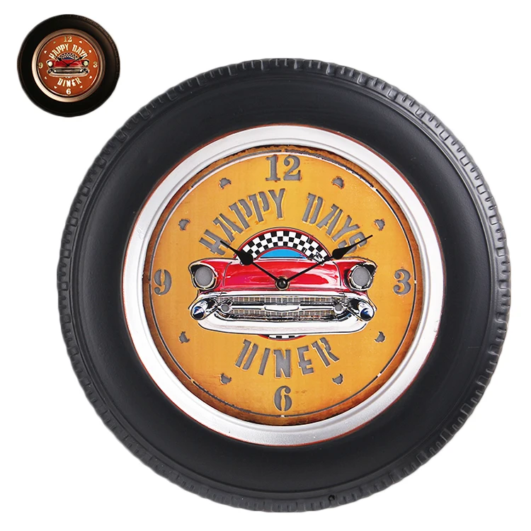 
Factory price antique retro car tire glow iron wall clock for home decor 