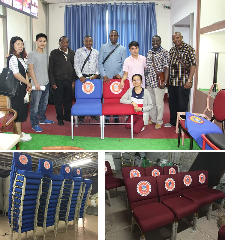 Kenya Kingdom Seeker Fellowship Cheap Customized Logo With Bookbag Stacking Blue Church Chair