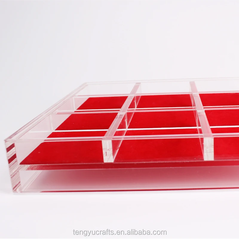 cube square plexiglass lucite large counter display case / acrylic gem jewelry display box with dividers red pad
