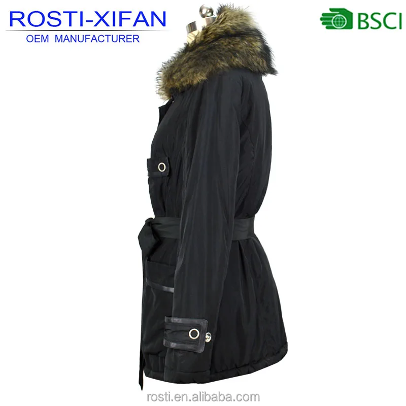 Women Winter Parka Black Tight Jacket with Imitation Fur Trim