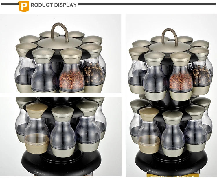 16 Jar Revolving Stainless Steel Glass Kitchen Storage Spice Jars Rack Set