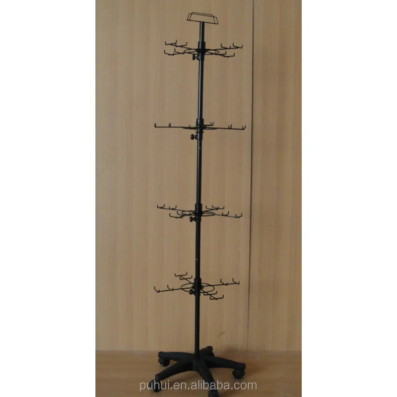 Products Exposition Retail Shop 4 Sides Metal Floor Revolving Display Fixture with Hooks Hanger