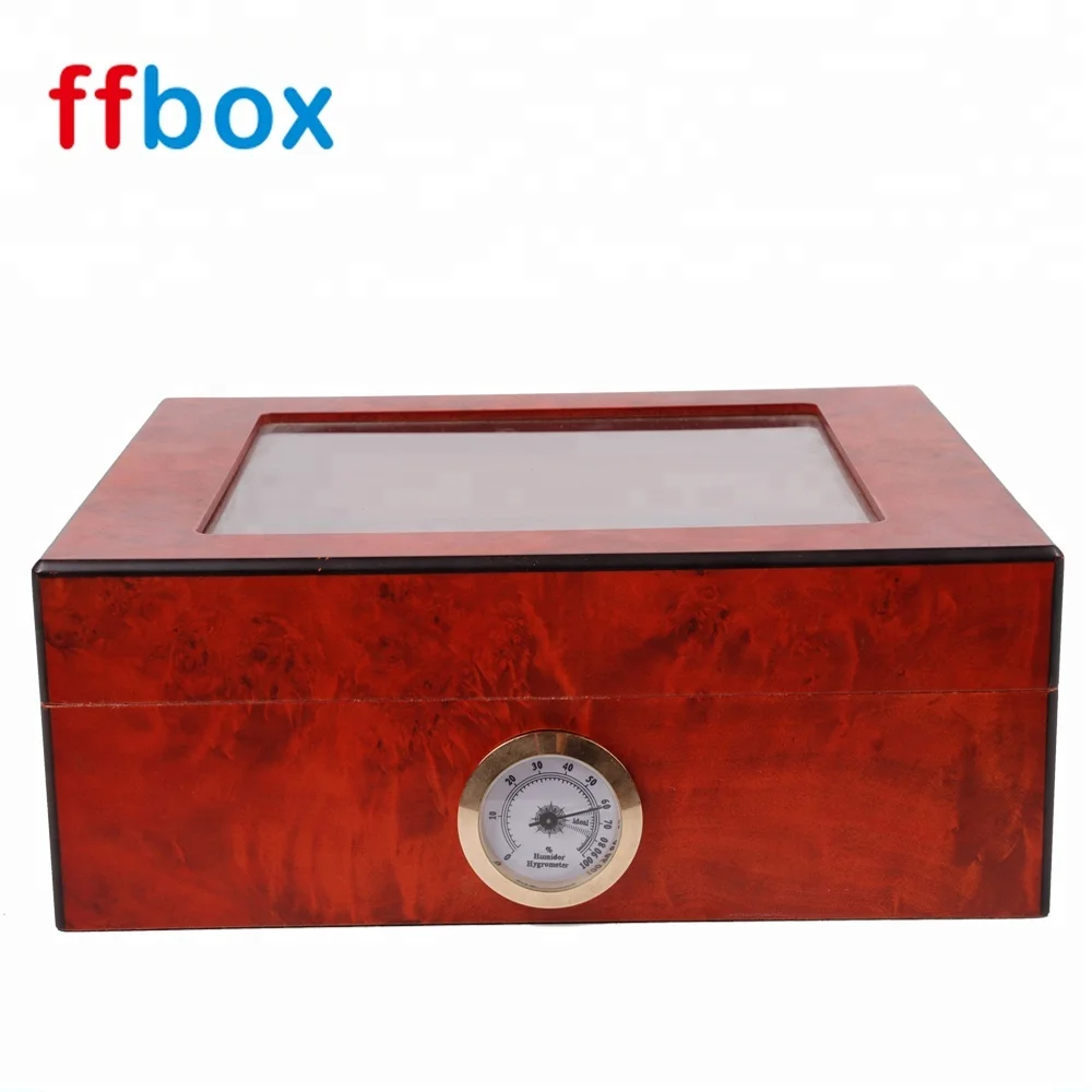 Handmade Luxury Custom Glass Top Design Storage Matte Cherry Red Packaging Wood Humidor Cigar Box