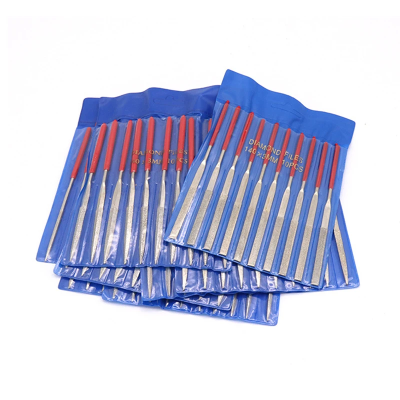 Hand Tool Good Quality 10 Pcs Red Diamond Needle File Set with Plastic Handle