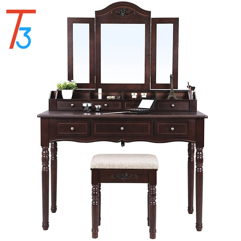 7 ящиков туалетный столик, tri-складывать сцепляться зеркало, 6 Организаторы Макияж мебель, туалетный столик с Мягкая табуретка