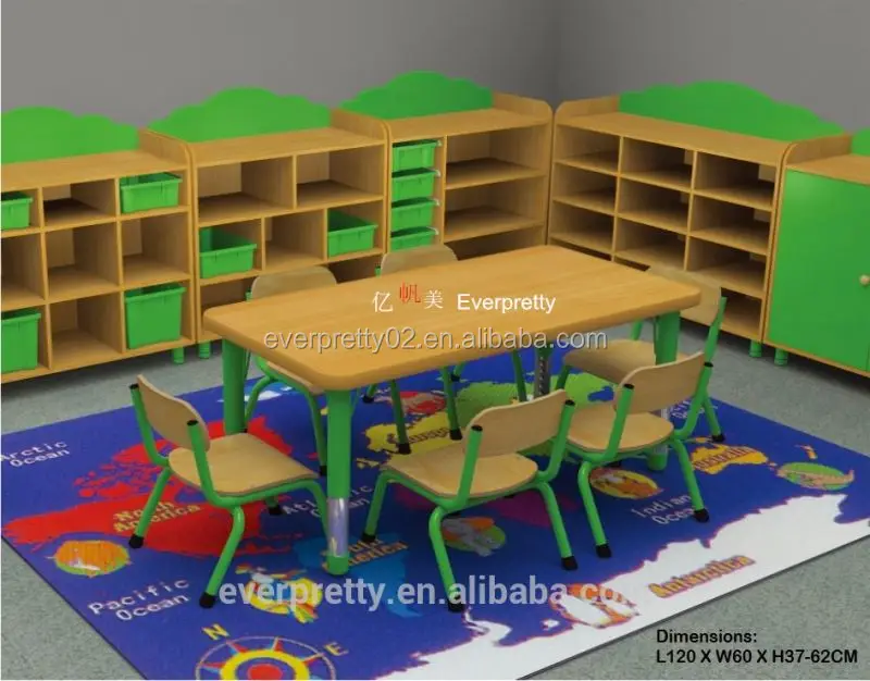 School Kindergarten Furniture Ergonomic Design High Adjustable Wooden Student study Colorful Table and Chair for Six People