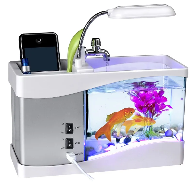 Mini Fish Tank with Water Running LED Pump Light Calendar Clock usb Mini Fish Tank Desktop Electronic Aquarium