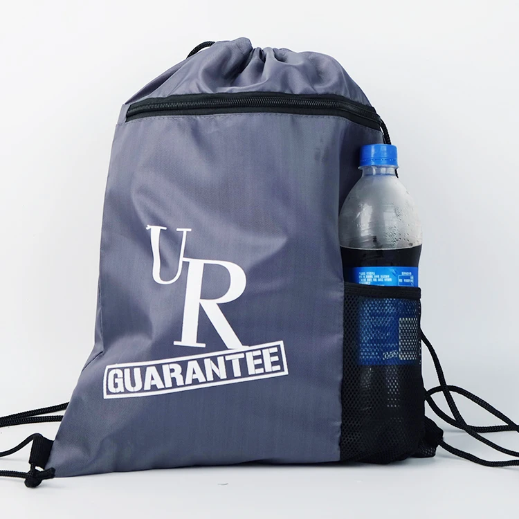 
Custom Printed Polyester Gym String Backpack Zipper Pocket Drawstring Bag With Screen Cloth 