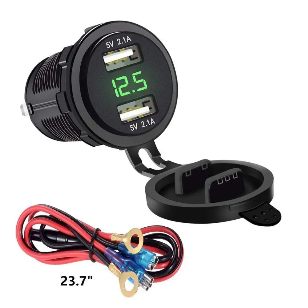 Waterproof Dual USB Charger Socket Power Outlet 2.1A & 2.1A with Digital Voltmeter Blue LED Light for iPad iPhone Car Boat