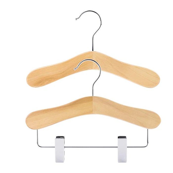 
Best selling natural wooden hanger baby with clips chrome hooks 