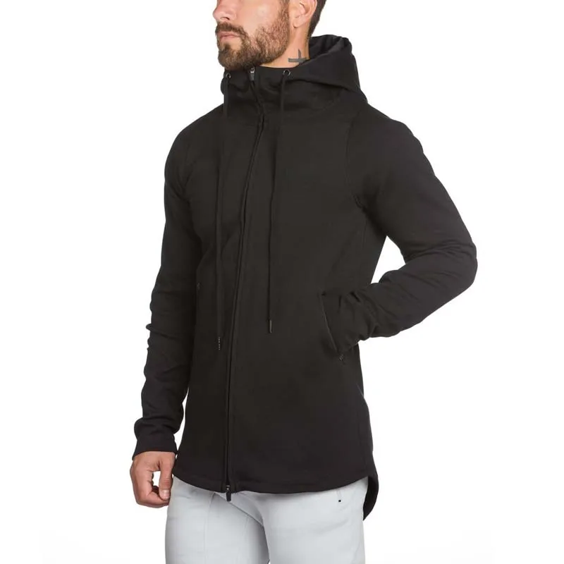 Knee length mens zip up drop tail hoodie with zipper pocket