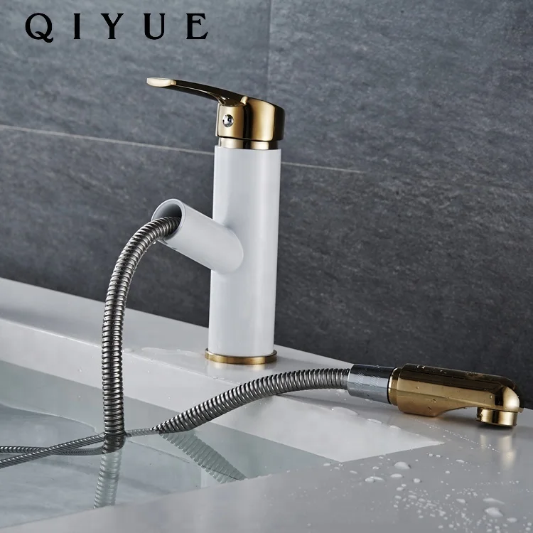 Hot selling single handle hot and cold water white golden pull out bathroom basin faucet mixer tap
