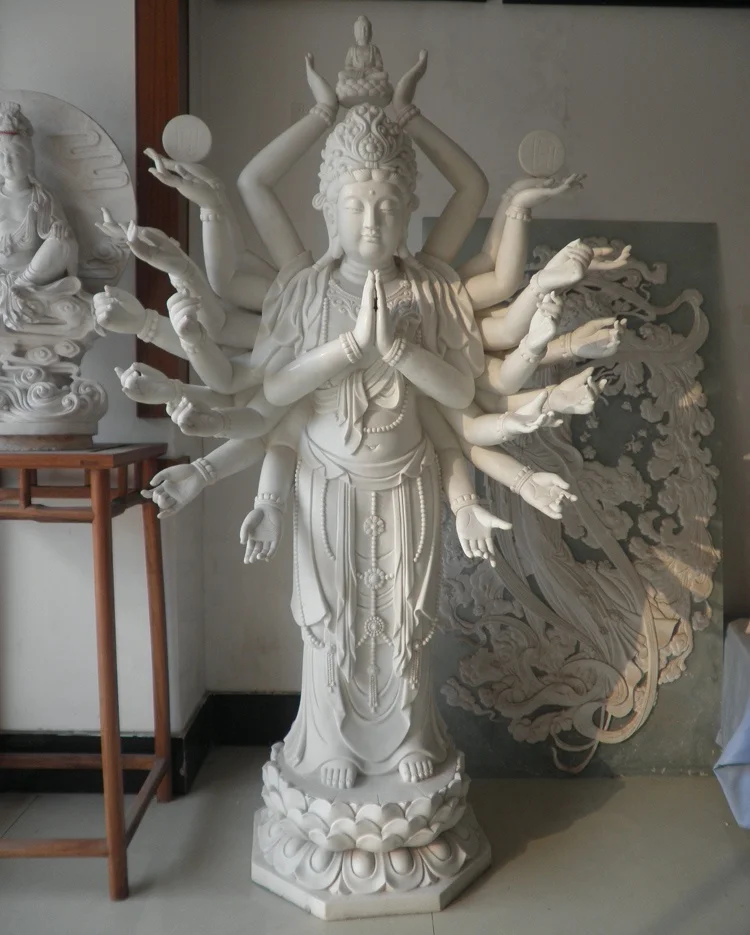 White marble thousand hand Bodhisattva statues stone kwan yin buddha statue