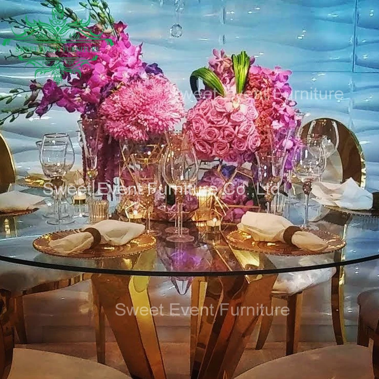 Clear glass top wedding reception chairs and tables with ss base