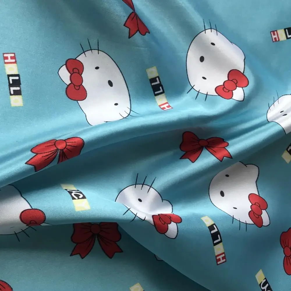 Satin Fabric Printed Fabric Cat Hello Kitty blue