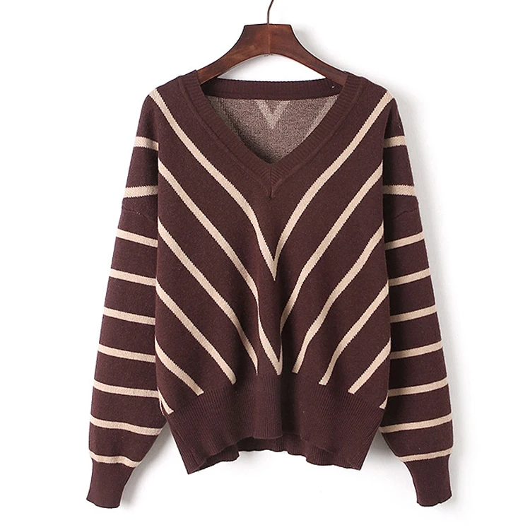 Stock top brand jumper full body stripe sweater woman v-neck and long sleeves