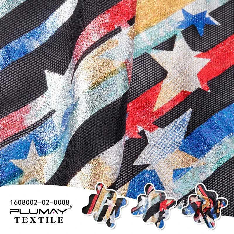 Shaoxing keqiao new style star foil rainbow stripe knitted mesh fabric for dress clothing textile custom elastic fashion ripstop