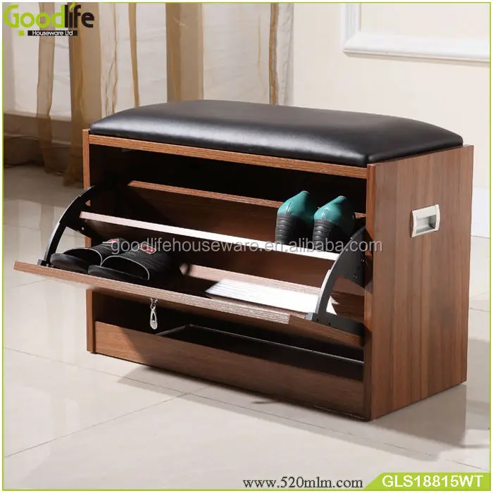 Traditional wooden seat with leather cushion  folding shoe stool