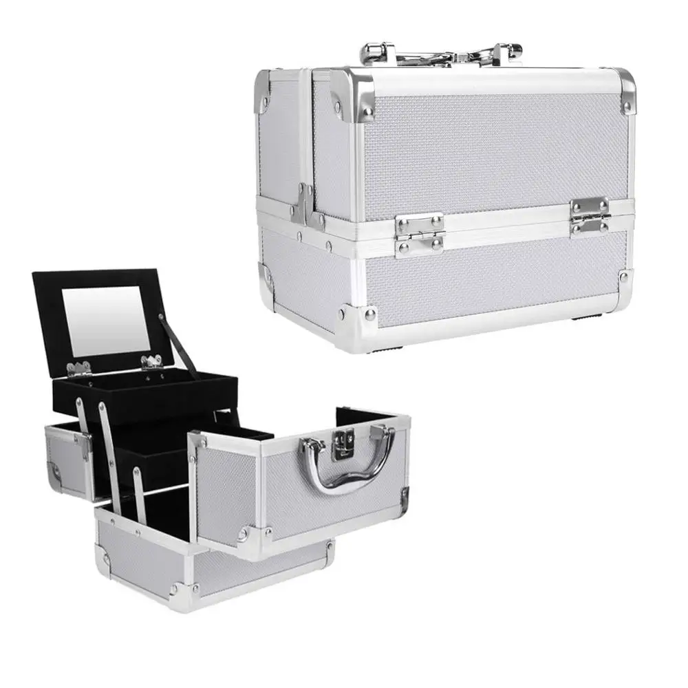 Silver Aluminum Cosmetic Case High-capacity Trunk Travel Bag Jewelry Case Women Makeup case