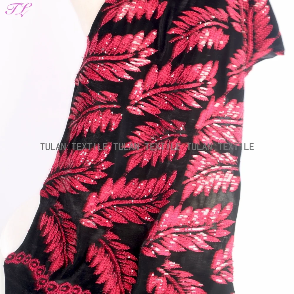 Red leaf sequin embroidery velvet fabric for garment dress and decoration