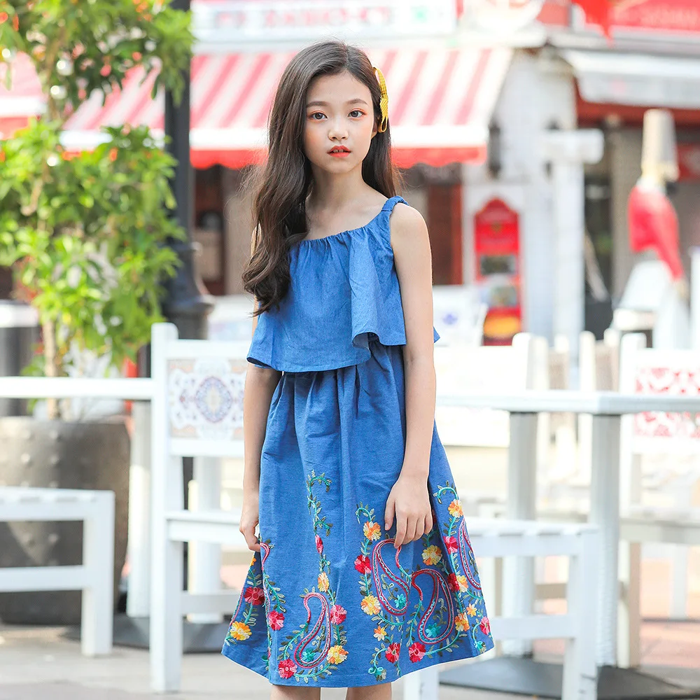 Vintage Teen Girls Summer Casual Dress Blue cowboy embroidery kids girl dress