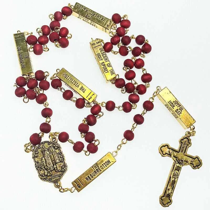 6*7mm rose scented perfume rosary, catholic necklace with five mysteries antique gold fatima center and jesus cross