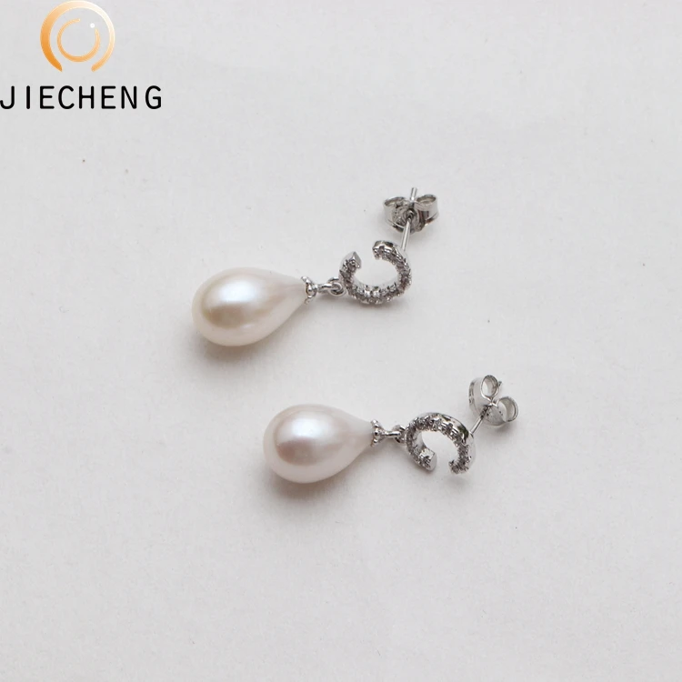 Fashion designs 10mm pearl earring zircon freshwater pearl dangle drop stud earrings for women