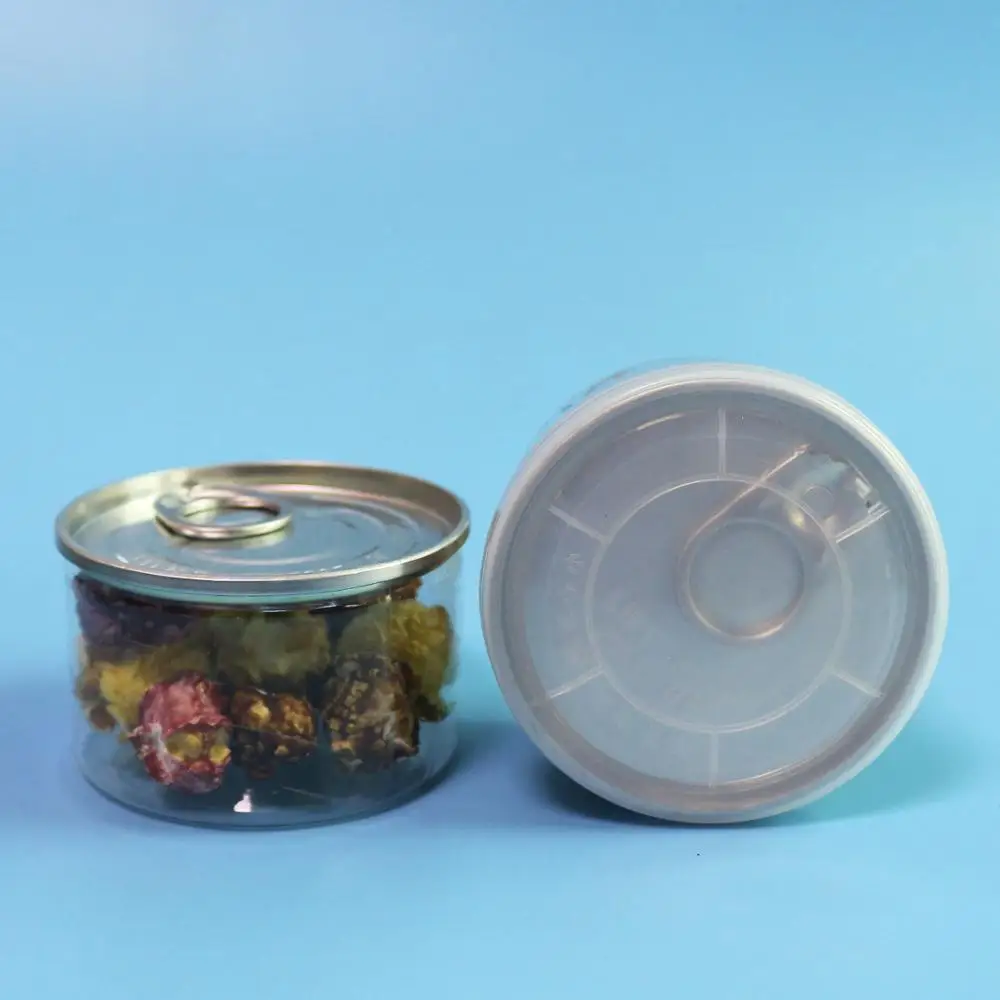 mini small packaging 100ml 3.5g dry herb plastic lid PET clear wholesale easy open end ring pull tab empty fish tuna tin cans